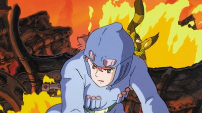 animation of a figure squatting with fire and a creature behind him