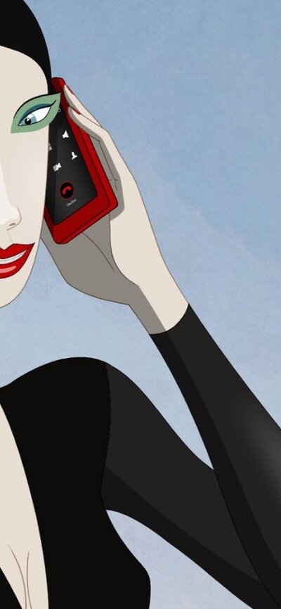 Animation of a woman with black hair and black top talking on a red mobile phone