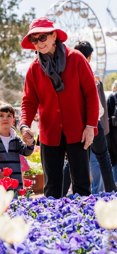 Woman and child looking at the beautiful Floriade blooms