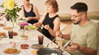 Students enjoying their cooked lunch together at Flow and Food in Lynheham