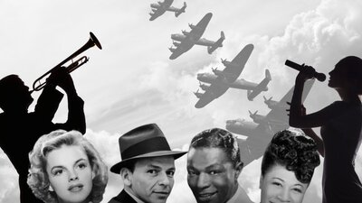 Photos of Judy Garland, Frank Sinatra, Nat King Cole and Billie Holiday in front of 1940s planes