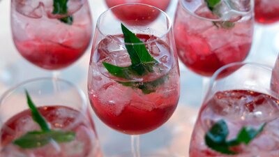 Pink cocktails with mint leave as decoration.