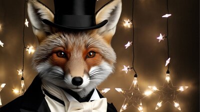 Fox in top hat with Christmas lights