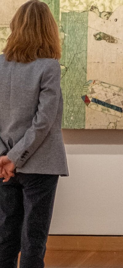 Woman observing artwork from Bruce Reynolds exhibition, 2024 at CMAG