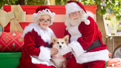 Santa and Mrs Claus and a corgi dog