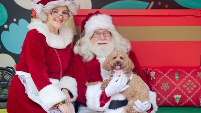 Santa and Mrs Claus with a small brown poodle