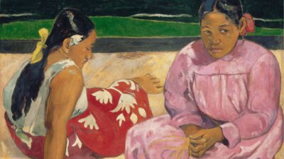 A colourful painting of two women sitting next to each other