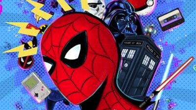 Spiderman, Pokemon, Tardis and mixtapes illustrated against a blue background and yellow lightning.