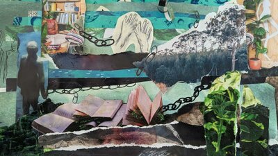 Collage made from magazine images and drawings. Trees, books