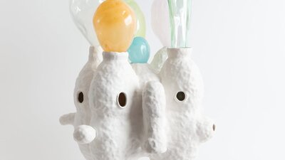Lynda Draper Apparition 2025, glazed ceramic and studio blown glass Lynda Draper artwork, made of glazed ceramic and studio blown glass, on white background