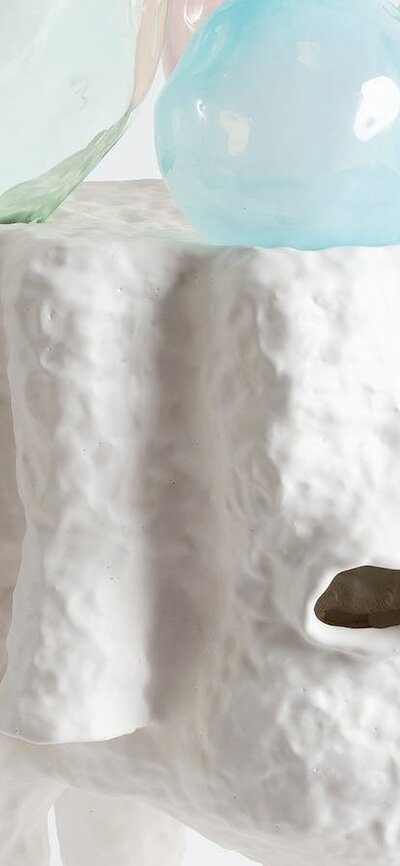 Lynda Draper artwork, made of glazed ceramic and studio blown glass, on white background Lynda Draper artwork, made of glazed ceramic and studio blown glass, on white background