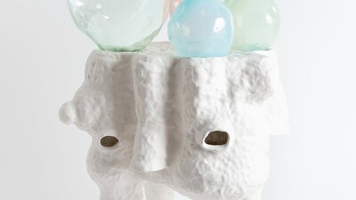 Lynda Draper artwork, made of glazed ceramic and studio blown glass, on white background Lynda Draper artwork, made of glazed ceramic and studio blown glass, on white background