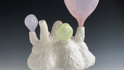 Lynda Draper artwork, made of glazed ceramic and studio blown glass Lynda Draper artwork, made of glazed ceramic and studio blown glass, on grey background