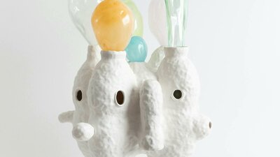 Lynda Draper artwork, made of glazed ceramic and studio blown glass, on white background