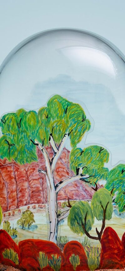 Kathy Inkamala, Mt Gillen, 2025, as part of exhibition Glass artwork, watercolour, gouache, glass paint