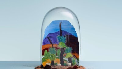 Dellina Inkamlala, Mt Hermannsburg, 2025, as part of exhibition Glass artwork, watercolour, gouache, glass paint, glass