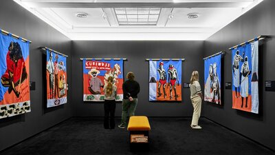 The Gurindji Freedom banners hung up in a gallery.