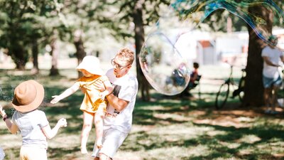 Kids with bubbles at the markets Kids with bubbles