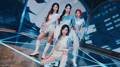 Aespa 'Next Level' MV, 2021 © SM Entertainment South Korean girl group Aespa group photo.