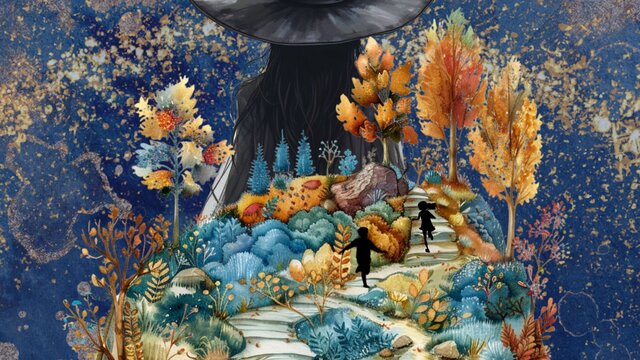 Hansel and Gretel running through a fairytale forrest, all leading to the witch