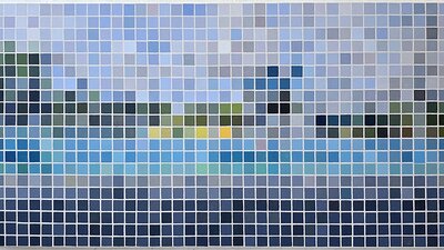 A painting of a grid of even squares, suggesting a pixelated landscape of a dockland scene.