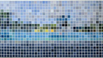 A painting of a grid of even squares, suggesting a pixelated landscape of a dockland scene.