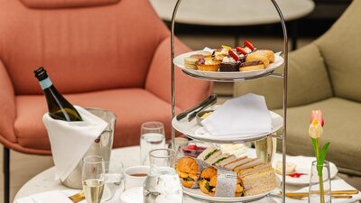 High tea stand with selection of finger foods