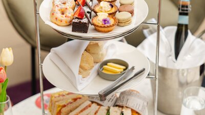 High tea stand with selection of finger foods