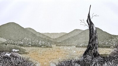A print of a soft landscape of hills, with a gothic tree and dingoes.