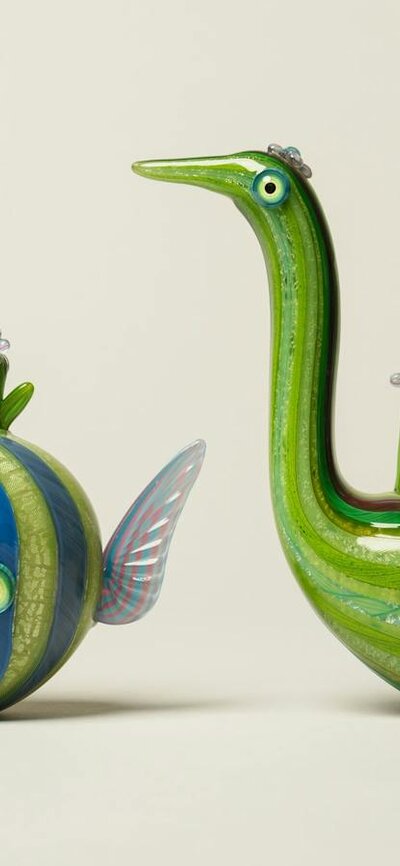 Sunshower Owl and Fernydel, hot joined blown and solid glass by Tom Moore Sunshower Owl and Fernydel, hot joined blown and solid glass by Tom Moore