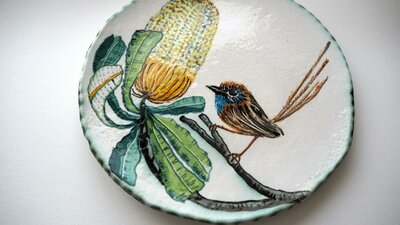 Southern Emu Wren in Banksia Woodland, stoneware, porcelain slip, stains and oxides Fiona Hiscock Southern Emu Wren in Banksia Woodland, stoneware, porcelain slip, stains and oxides Fiona Hiscock