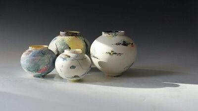 Pitta series, porcelain, underglaze, glaze stains, terra sigilata and glaze by Shannon Garson
