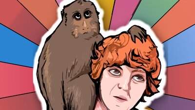 Cartoon image of a man and a monkey