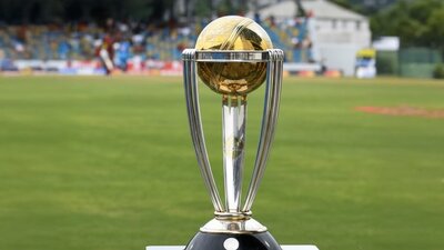 ICC Cricket World Cup Trophy on display at a cricket ground