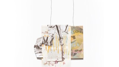 Image: Anne-Marie Jean, 'Shakkei', 2026, watercolour, pencil, paper, wire, wood board. 61 x 42.5cm. Collaged objects on paper with splashes of pink, green and ran watercolour.