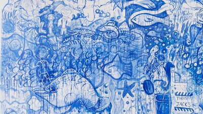 Blue ink Mural on wall with imagery that relates to water.