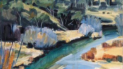 Jenny Gibson, Molonglo 2, 1998 A landscape painting depicting a vibrant creek flowing through a bushy landscape
