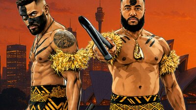 Two of the Fijian Perfomers from INISDE OUT in native attire and body markings.