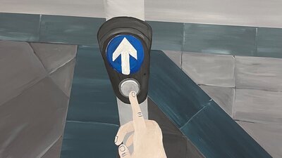 painting of a hand pressing the button at pedestrian crossing