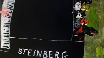 An image of a painting with piano keys being played by a hand opposite from seven scruffy cats