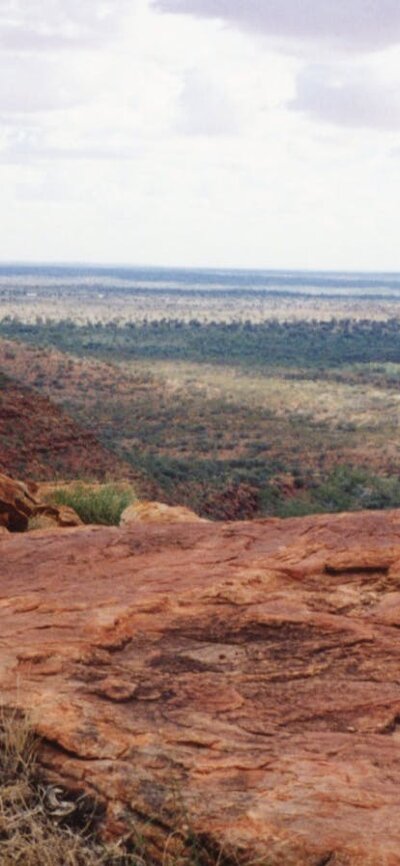 Man kneeling on red dirt on a cliff, looking into the distance