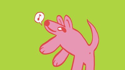 Pink cartoon dog with oversized paws and a musical note speech bubble on a bright green background.