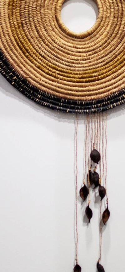 Circular woven wall hanging with a green plant in front on a white wall