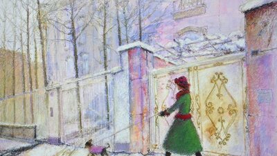 Walking the dog in Tehran Painting of a woman walking a dog