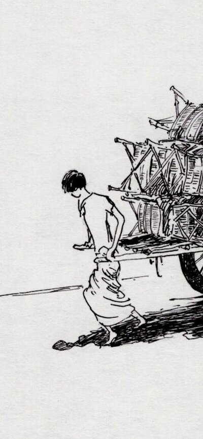 Jill Clingan, Bangladesh, Tela gari Drawing of a woman pulling a cart