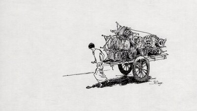 Jill Clingan, Bangladesh, Tela gari Drawing of a woman pulling a cart
