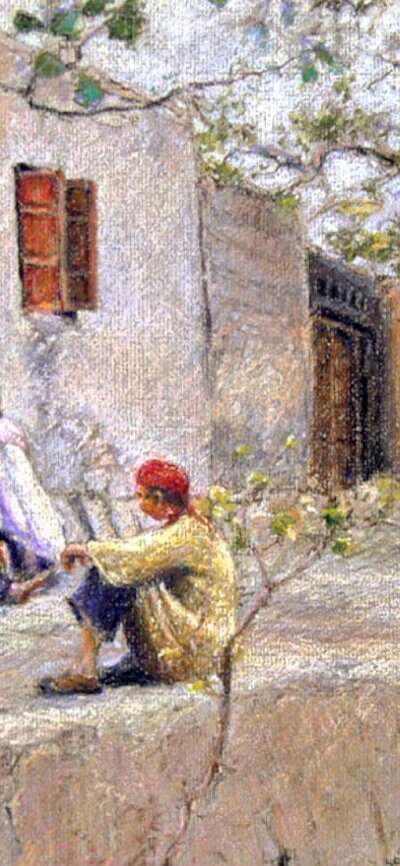 Jill Clingan, Midday heat – Turfan, 2006. Painting of 3 Uighur women sitting in front of a building