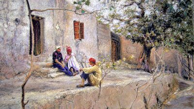 Jill Clingan, Midday heat – Turfan, 2006. Painting of 3 Uighur women sitting in front of a building