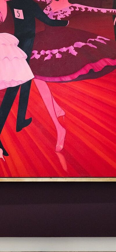 A person views a large painted portrait depicting people dancing, hanging on a gallery wall