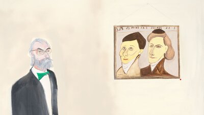Dr Joseph Brown with Two Typists, 1996 Noel McKenna. A painting of a man with a grey beard and a green bowtie who stands in front of a hanging portrait.